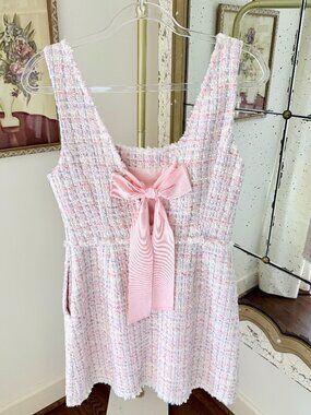 LoveShackFancy Moda Tweed Mini Dress with a Bow - Size 6 - Pink